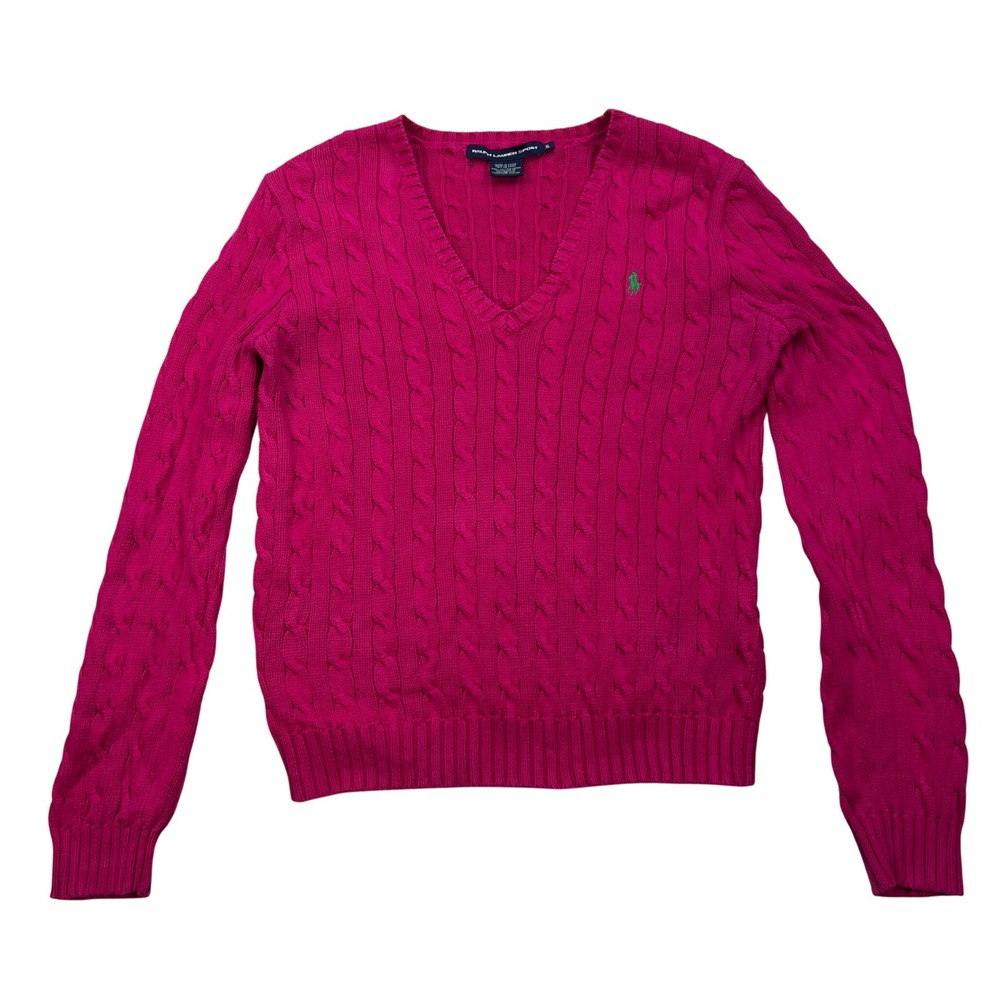 VTG Ralph Lauren Sport V-Neck Cable Knit Sweater Womens XL Pink Cotton Pony READ